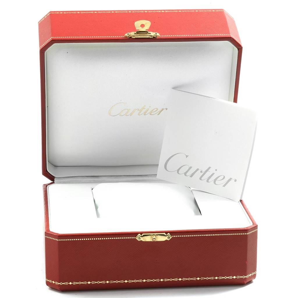 The image shows an open red box with a cushion and booklet, used for the Cartier Tank Louis W1529756 Men
s Yellow Gold Silver Dial W1529756 Men
s Yellow Gold Silver Dial model.