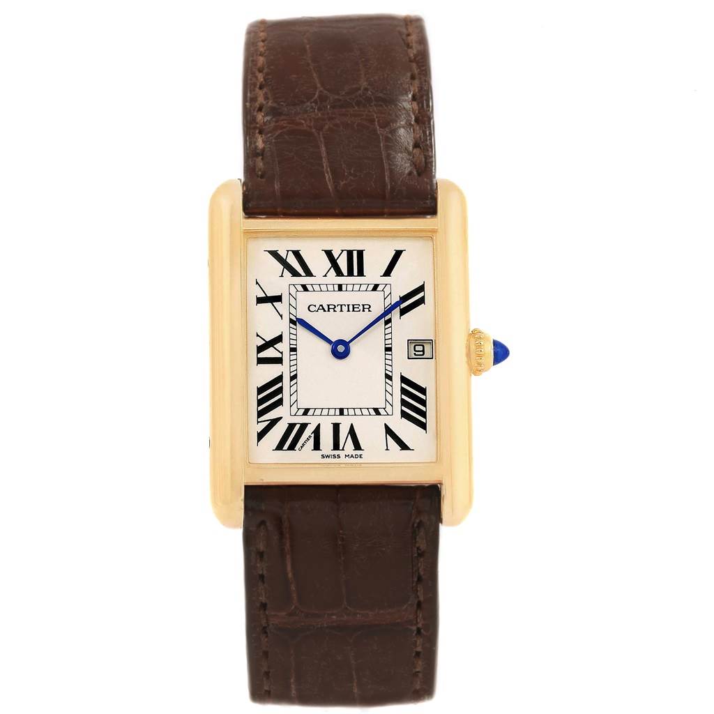 This image shows a front view of the Cartier Tank Louis W1529756 Men
s Yellow Gold Silver Dial W1529756 Men
s Yellow Gold Silver Dial watch, highlighting its dial, hands, casing, and strap.