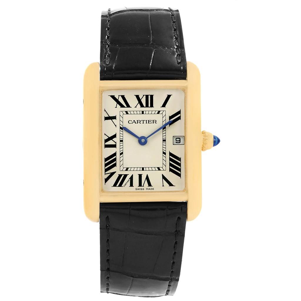 This image shows a front view of the Cartier Tank Louis W1529756 Yellow Gold Silver Dial W1529756 Yellow Gold Silver Dial watch, featuring Roman numerals, a date window, and a black leather strap.