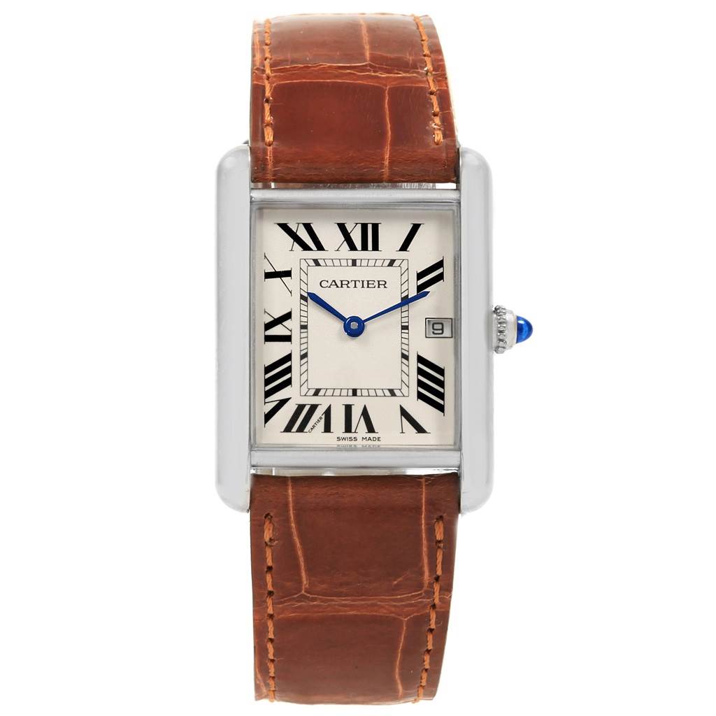 The image shows a Cartier Tank Louis W1540956 Men
s White Gold Silver Dial W1540956 Men
s White Gold Silver Dial watch from a front view, displaying its face, Roman numerals, blue hands, date window, and brown leather strap.