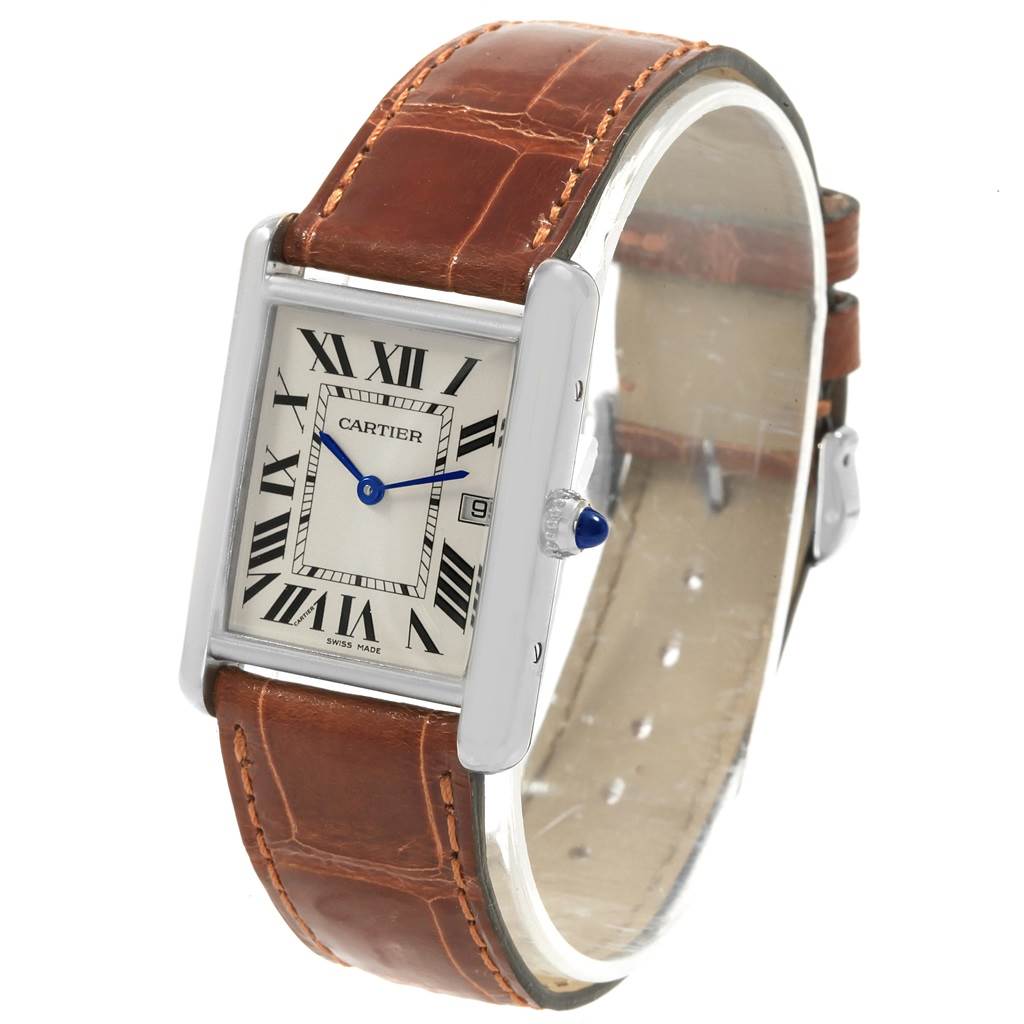 The image shows a Cartier Tank Louis W1540956 Men
s White Gold Silver Dial W1540956 Men
s White Gold Silver Dial watch at an angle, highlighting the face, crown, and brown leather band.