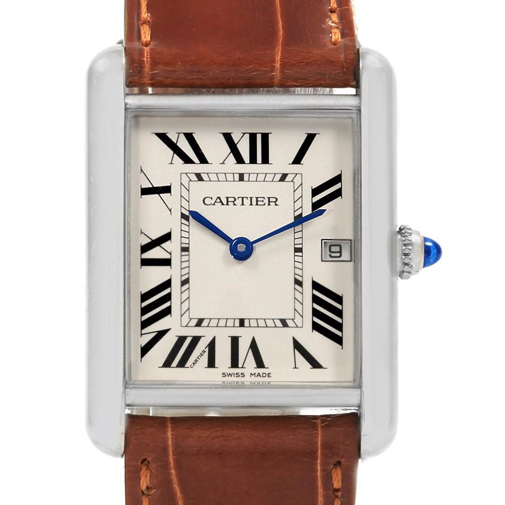 This is a front view of the Cartier Tank Louis W1540956 Men
s White Gold Silver Dial W1540956 Men
s White Gold Silver Dial watch, showcasing its dial, hands, case, and part of the leather strap.