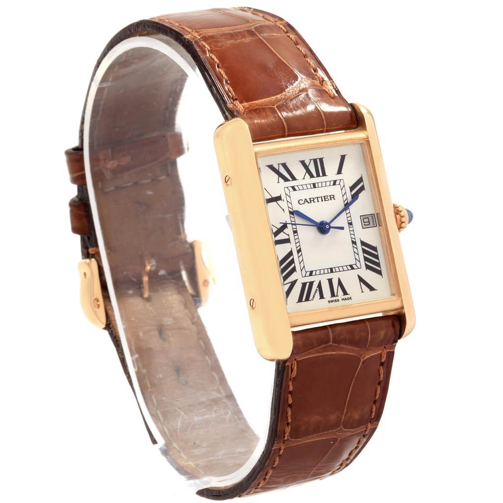 The image shows a side view of the Cartier Tank Louis W1529756 Men
s Yellow Gold Silver Dial W1529756 Men
s Yellow Gold Silver Dial watch, highlighting its rectangular case, dial, and leather strap.