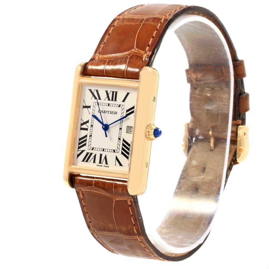 This is a front-angle view of the Cartier Tank Louis W1529756 Men
s Yellow Gold Silver Dial W1529756 Men
s Yellow Gold Silver Dial watch, showing the face with Roman numerals, leather strap, and crown.
