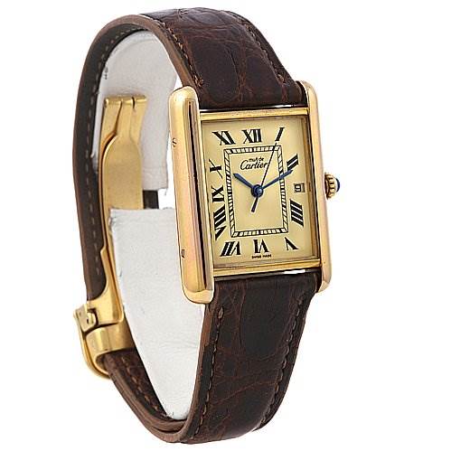 The image shows a Cartier Tank Louis 2413 137611PL Yellow Gold Beige Dial 2413 137611PL Yellow Gold Beige Dial watch at a 3/4 angle, highlighting the face, strap, and clasp.