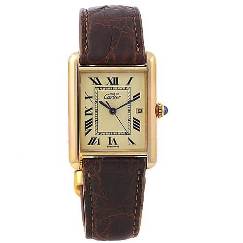 This image shows a front view of the Cartier Tank Louis 2413 137611PL Yellow Gold Beige Dial 2413 137611PL Yellow Gold Beige Dial watch, featuring a rectangular face, leather strap, and Roman numerals.