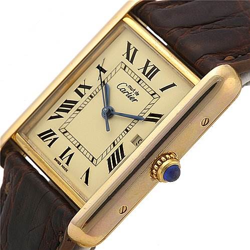 The image shows a close-up angle of the Cartier Tank Louis 2413 137611PL Yellow Gold Beige Dial 2413 137611PL Yellow Gold Beige Dial watch, highlighting the dial, crown, and part of the strap.