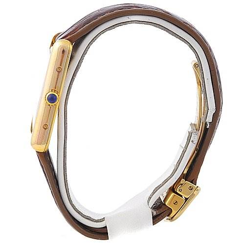 The image shows a side view of a Cartier Tank Louis 2413 137611PL Yellow Gold Beige Dial 2413 137611PL Yellow Gold Beige Dial watch, highlighting the gold case, crown with a blue gemstone, and brown leather strap.