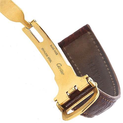 This image shows the clasp and part of the leather strap of a Cartier Tank Louis 2413 137611PL Yellow Gold Beige Dial 2413 137611PL Yellow Gold Beige Dial watch from an angled side view.