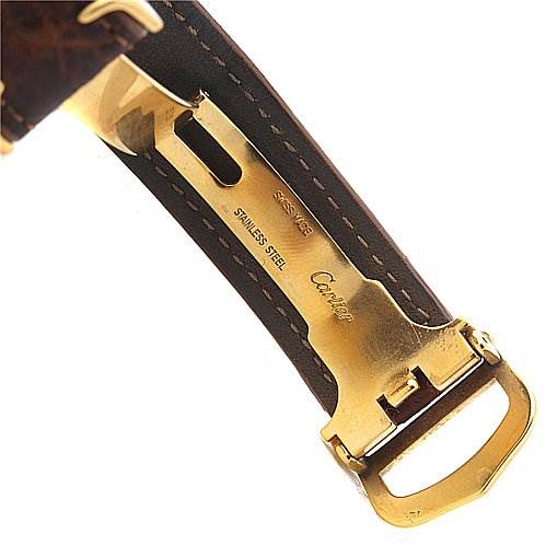 This image shows the gold clasp mechanism and brown leather strap of a Cartier Tank Louis 2413 137611PL Yellow Gold Beige Dial 2413 137611PL Yellow Gold Beige Dial watch.