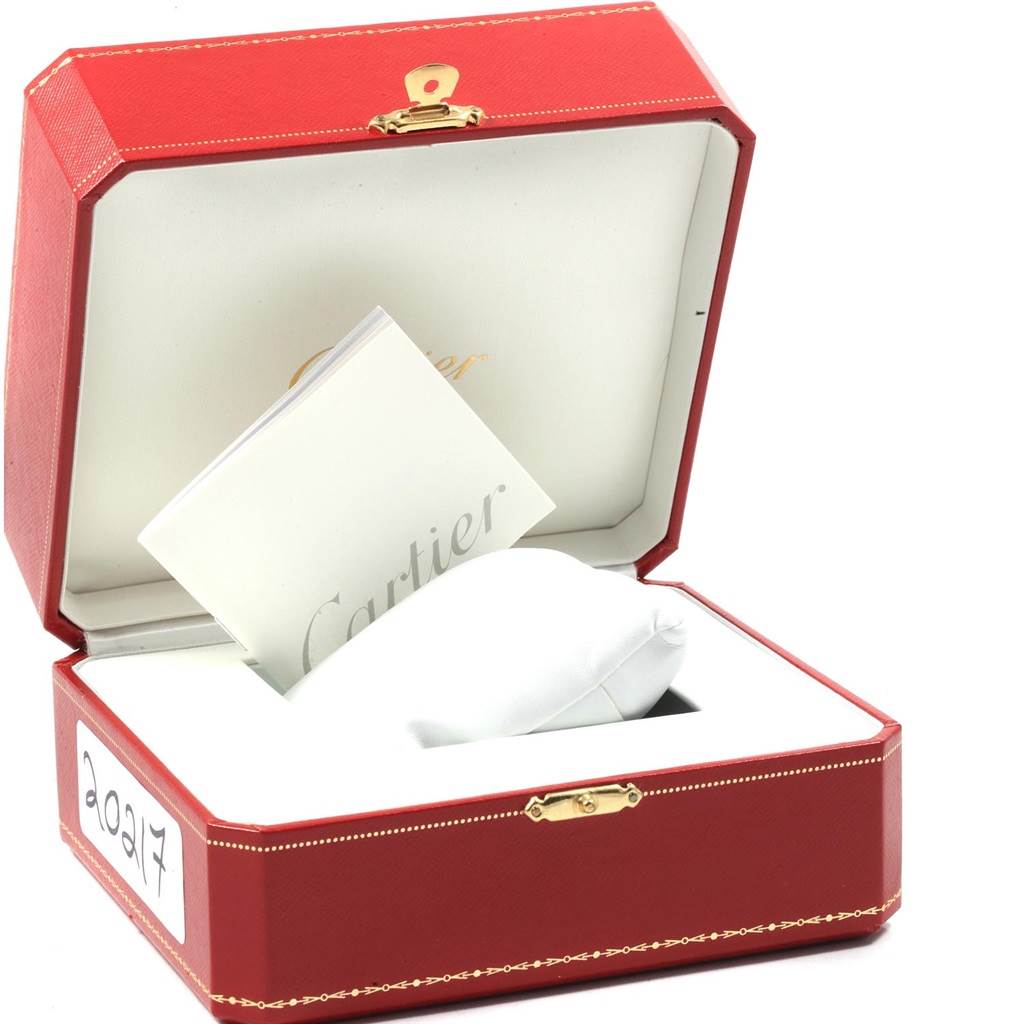 The image shows a Cartier Tank Louis W1529756 Men's Yellow Gold Silver Dial W1529756 Men's Yellow Gold Silver Dial watch box at an open angle, revealing a pillow and a Cartier booklet inside.