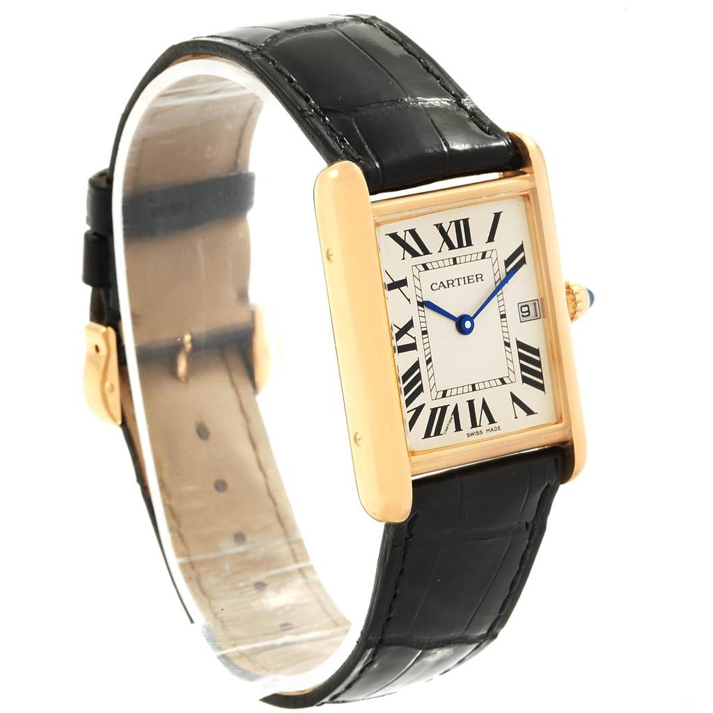 The Cartier Tank Louis W1529756 Men's Yellow Gold Silver Dial W1529756 Men's Yellow Gold Silver Dial watch is shown from a front angle, displaying its square face, black leather strap, and gold case.