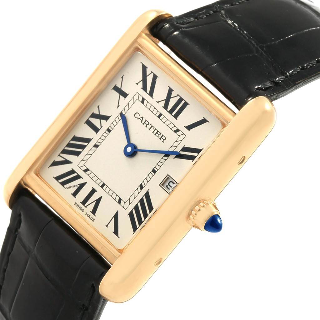 The image shows a close-up, angled view of a Cartier Tank Louis W1529756 Men's Yellow Gold Silver Dial W1529756 Men's Yellow Gold Silver Dial watch with its dial, strap, and crown visible.