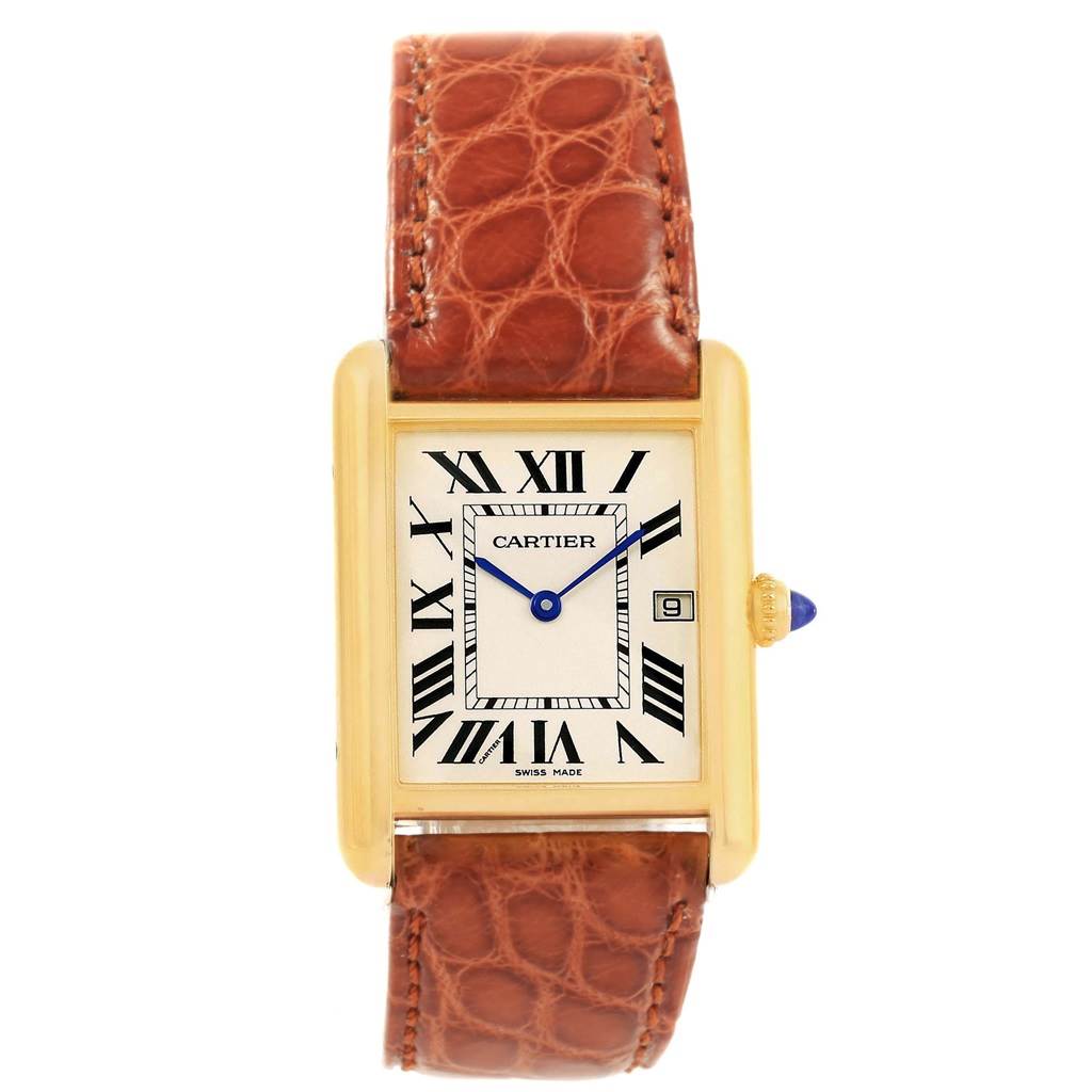 This image shows a Cartier Tank Louis W1529756 Men
s Yellow Gold Silver Dial W1529756 Men
s Yellow Gold Silver Dial watch from a frontal angle, displaying the face, rectangular case, brown leather strap, and crown.