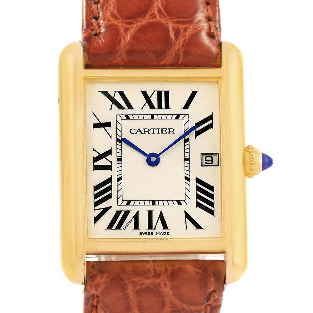 The image shows a front view of the dial and strap of a Cartier Tank Louis W1529756 Men
s Yellow Gold Silver Dial W1529756 Men
s Yellow Gold Silver Dial watch.