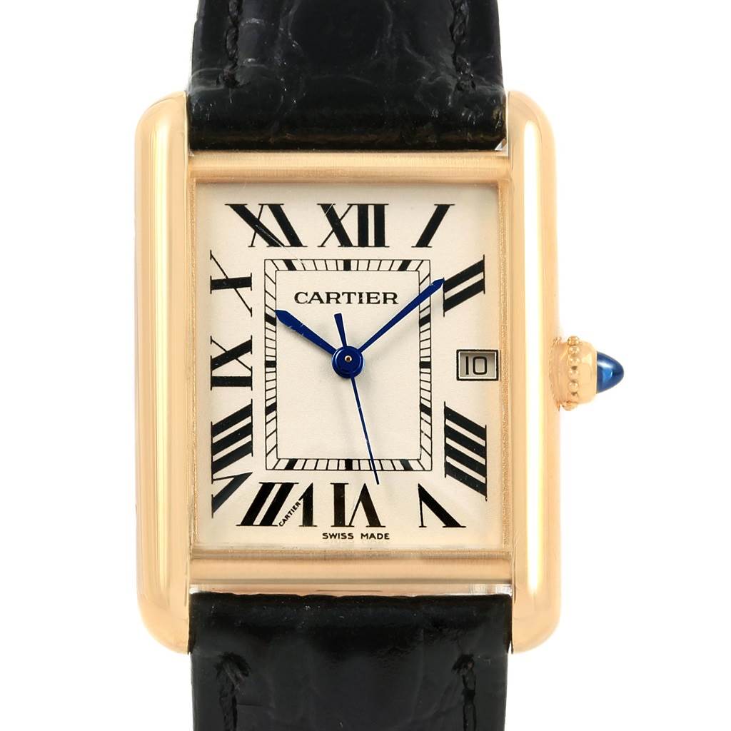 This image shows a frontal view of a Cartier Tank Louis W1529756 Men's Yellow Gold Silver Dial W1529756 Men's Yellow Gold Silver Dial watch displaying the case, dial, hands, and crown.