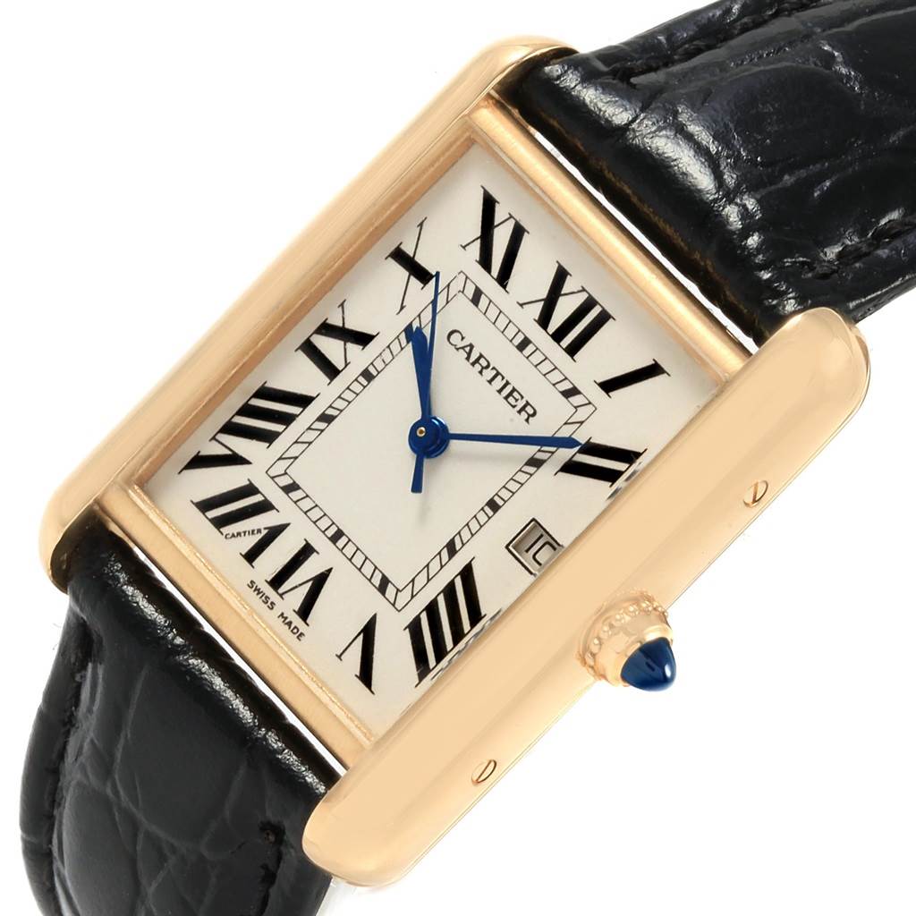The image shows a Cartier Tank Louis W1529756 Men's Yellow Gold Silver Dial W1529756 Men's Yellow Gold Silver Dial watch at an angled view highlighting its face, strap, and crown.
