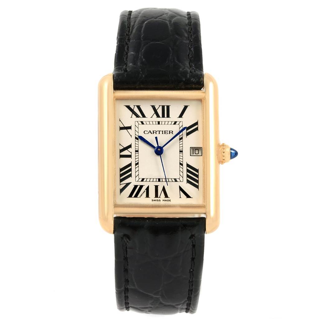 The image shows a front view of the Cartier Tank Louis W1529756 Men's Yellow Gold Silver Dial W1529756 Men's Yellow Gold Silver Dial watch, showcasing its rectangular face, Roman numerals, and leather strap.
