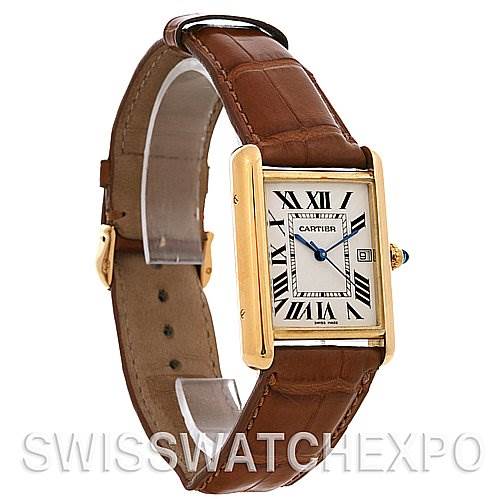This image shows a Cartier Tank Louis W1529756 Yellow Gold White Dial W1529756 Yellow Gold White Dial watch from a front and slight side angle, highlighting the face, strap, and crown.