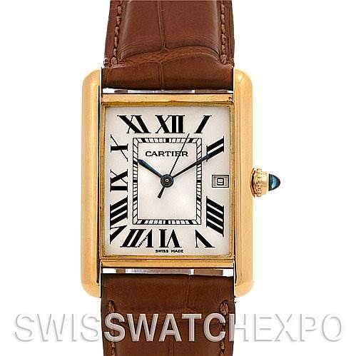 This image shows the front view of a Cartier Tank Louis W1529756 Yellow Gold White Dial W1529756 Yellow Gold White Dial watch, displaying the watch face, Roman numerals, gold case, and brown leather strap.