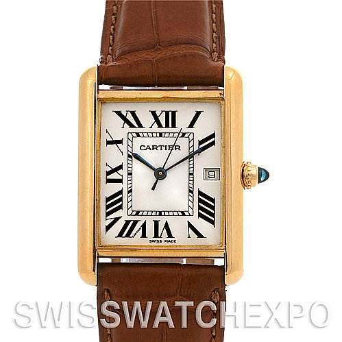 This image shows the front view of a Cartier Tank Louis watch, displaying the watch face, Roman numerals, gold case, and brown leather strap.