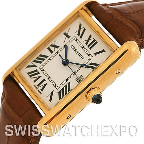 This image shows a Cartier Tank Louis W1529756 Yellow Gold White Dial W1529756 Yellow Gold White Dial watch from an oblique angle, highlighting its rectangular face, Roman numeral dial, and leather strap.