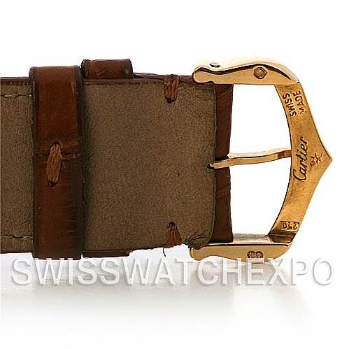 The image shows a close-up of the buckle and leather strap of a Cartier Tank Louis W1529756 Yellow Gold White Dial W1529756 Yellow Gold White Dial watch.