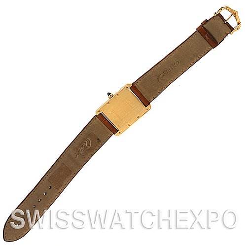 The image shows the back view of a Cartier Tank Louis W1529756 Yellow Gold White Dial W1529756 Yellow Gold White Dial watch, displaying the strap, buckle, and the back of the watch face.