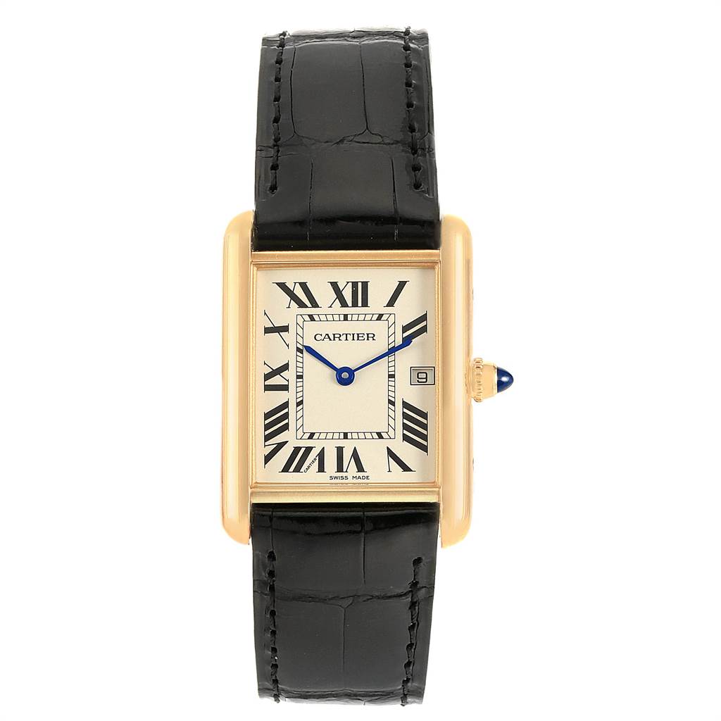 This image shows a Tank Louis model by Cartier from a top-down angle, highlighting the rectangular dial and black leather strap.