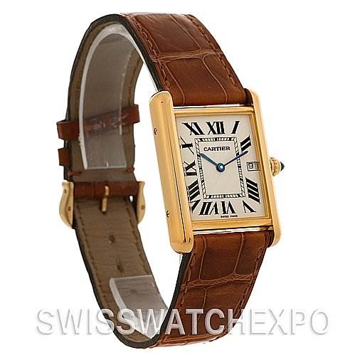 The image shows a side angle of the Cartier Tank Louis W1529756 Yellow Gold White Dial W1529756 Yellow Gold White Dial watch, highlighting its gold case, Roman numeral dial, and brown leather strap.