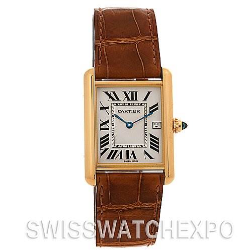 This image shows a frontal view of the Cartier Tank Louis W1529756 Yellow Gold White Dial W1529756 Yellow Gold White Dial watch, featuring its rectangular dial, leather strap, and the brand's distinct design elements.