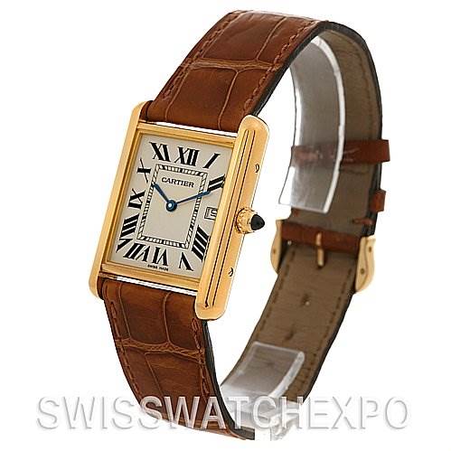 The image shows the Cartier Tank Louis W1529756 Yellow Gold White Dial W1529756 Yellow Gold White Dial model watch at a slight angle, highlighting its rectangular face, brown leather strap, and distinctive crown.