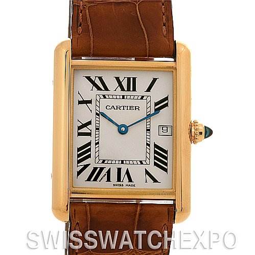 The image shows a front view of the Cartier Tank Louis W1529756 Yellow Gold White Dial W1529756 Yellow Gold White Dial watch, highlighting its face, bezel, and brown leather strap.