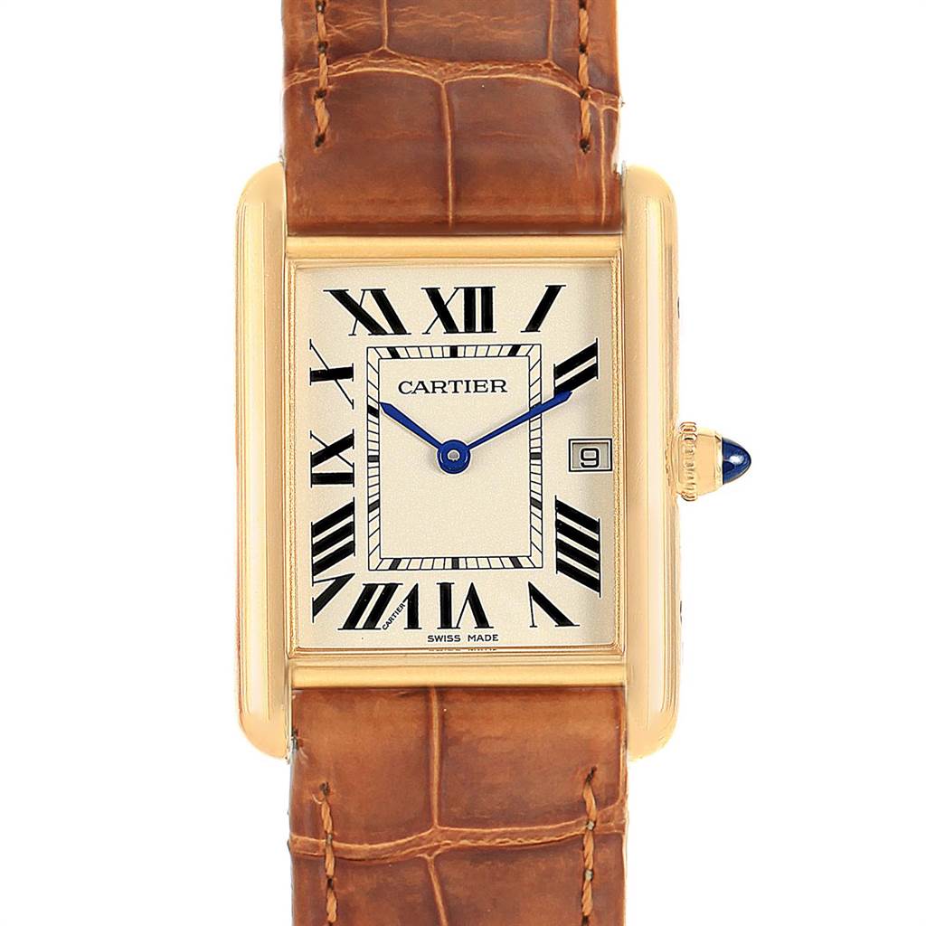 This image shows a frontal view of the Cartier Tank Louis W1529756 Men's Yellow Gold Silver Dial W1529756 Men's Yellow Gold Silver Dial watch, highlighting its brown leather strap, rectangular case, and dial with Roman numerals.