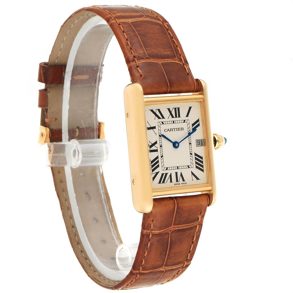 The image displays a Cartier Tank Louis W1529756 Men's Yellow Gold Silver Dial W1529756 Men's Yellow Gold Silver Dial watch at a side angle, showcasing the face, brown leather strap, and gold case.