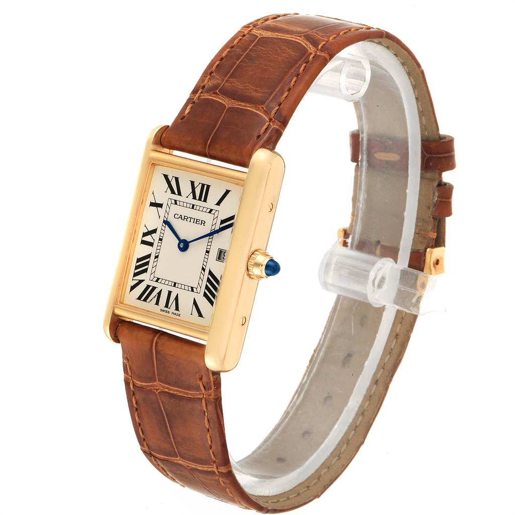 The Cartier Tank Louis W1529756 Men's Yellow Gold Silver Dial W1529756 Men's Yellow Gold Silver Dial watch is shown at a slight angle, displaying the rectangular face, Roman numerals, and brown leather strap.