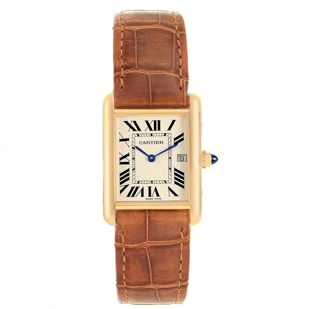 The image shows a Cartier Tank Louis W1529756 Men's Yellow Gold Silver Dial W1529756 Men's Yellow Gold Silver Dial watch from a top-down angle, displaying its face, leather strap, and side crown.