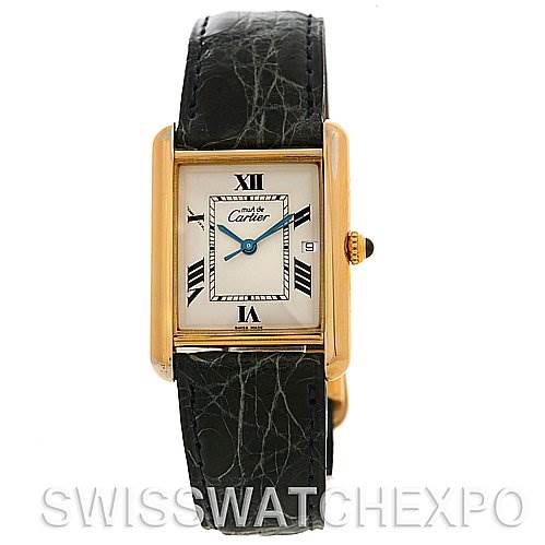 The image shows a frontal view of the Cartier Tank Louis Yellow Gold White Dial Yellow Gold White Dial watch, displaying its rectangular face and leather strap.