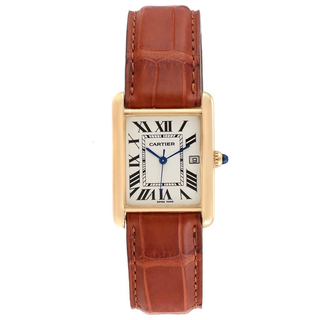 This Cartier Tank Louis W1529756 Men
s Yellow Gold Silver Dial W1529756 Men
s Yellow Gold Silver Dial watch is shown from the front, displaying its rectangular face with Roman numerals and brown leather strap.