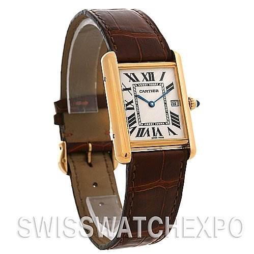 The image shows a Cartier Tank Louis W1529756 Yellow Gold White Dial W1529756 Yellow Gold White Dial watch at a slight angle, featuring its crocodile leather strap, rectangular case, and Roman numeral dial.