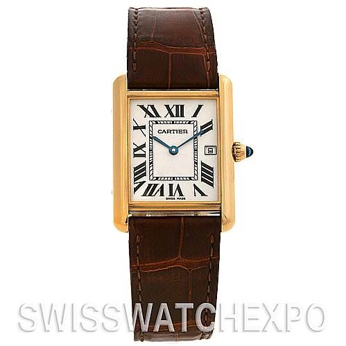 The image shows a front view of the Cartier Tank Louis W1529756 Yellow Gold White Dial W1529756 Yellow Gold White Dial watch, with a rectangular dial, Roman numerals, and a brown leather strap.