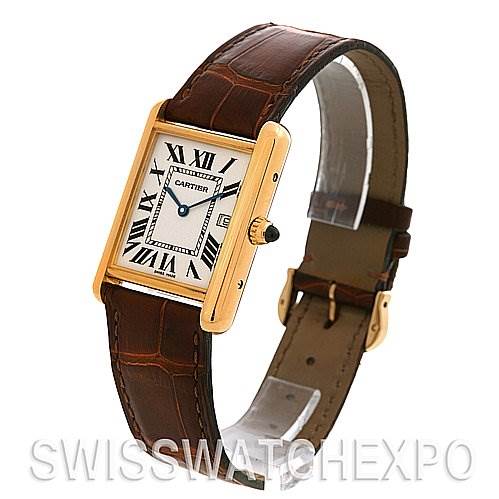 The Cartier Tank Louis W1529756 Yellow Gold White Dial W1529756 Yellow Gold White Dial watch is shown at a slight angle, highlighting its rectangular gold case, white dial, Roman numerals, and brown leather strap.