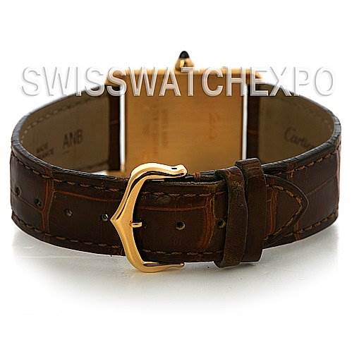 The image shows the back view of a Cartier Tank Louis W1529756 Yellow Gold White Dial W1529756 Yellow Gold White Dial watch, focusing on the leather strap and gold buckle.