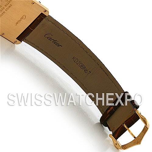 This image shows the underside of the strap, buckle, and part of the back case of a Cartier Tank Louis W1529756 Yellow Gold White Dial W1529756 Yellow Gold White Dial watch.