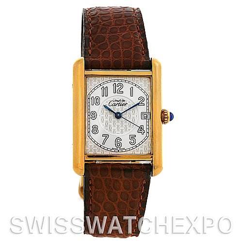 The image shows a front view of a Tank Louis model by Cartier, displaying the face, case, and part of the strap.