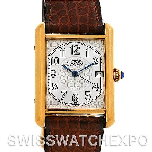 The image shows the front view of the Cartier Tank Louis Yellow Gold White Dial Yellow Gold White Dial watch, highlighting its rectangular dial and leather strap.