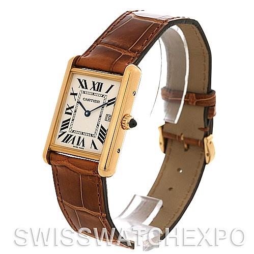 The image shows a front and side angle of the Cartier Tank Louis W1529756 Yellow Gold White Dial W1529756 Yellow Gold White Dial watch, highlighting its rectangular face and leather strap.