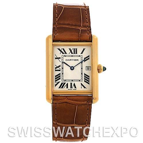 This image shows a full-front view of a Tank Louis model watch by Cartier, featuring its case, dial, and leather strap.