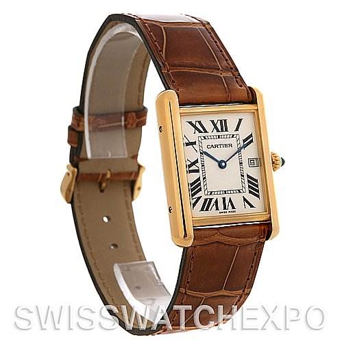 The image shows a side-angle view of the Cartier Tank Louis W1529756 Yellow Gold White Dial W1529756 Yellow Gold White Dial model watch, highlighting the face, bezel, strap, and buckle.