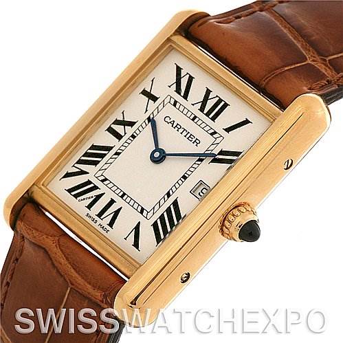 This image shows a Cartier Tank Louis W1529756 Yellow Gold White Dial W1529756 Yellow Gold White Dial model watch at an angle highlighting its rectangular dial, Roman numerals, and brown leather strap.